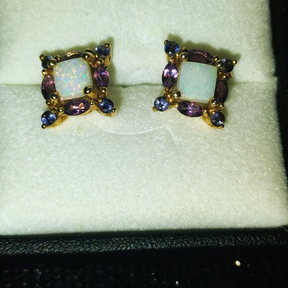 14k solid gold opal and multi gem stud earrings